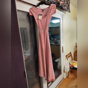 Chaps Red and White Striped Fit-and-Flare Midi Dress NWT